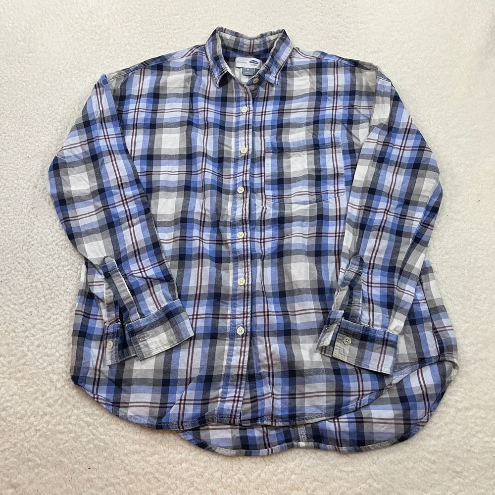 Old Navy Flannel Shirt Womens M Blue Boyfriend Plaid‎ Long Sleeve S/597604-06